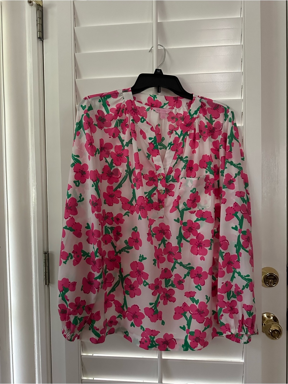 Lilly Pulitzer Pink Floral V-Neck Long Sleeve Blouse